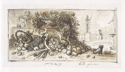 Nature morte dans un parc avec une fontaine, un chien et un perroquet - Baldassare Farina