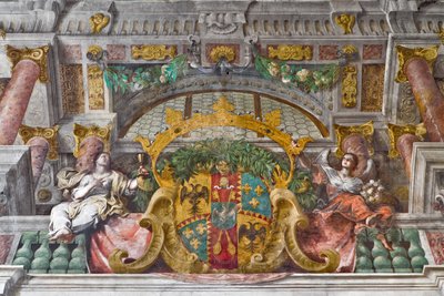 Détail avec corniche et figures allégoriques de la décoration, Église de Saint François, Sassuolo, Italie - Baldassarre & Monti Giovanni Giacomo (1620 92) Bianchi