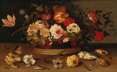 Un panier en osier avec des fleurs et des coquillages sur un rebord de pierre - Balthasar van der Ast