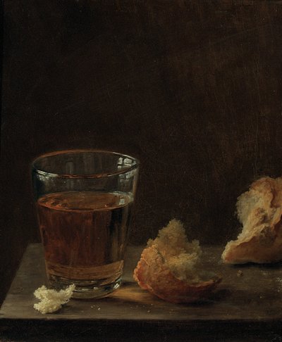 Un verre de bière et un petit pain sur une table - Balthasar Denner