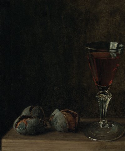 Un verre de vin avec des noix sur une table - Balthasar Denner
