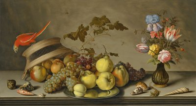 Une perruche sur un panier renversé, avec des fruits, une assiette en étain, un vase de fleurs, des insectes, un lézard et des coquillages sur un rebord en pierre. - Balthasar van der Ast