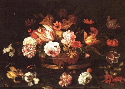 Roses, tulipes dans un panier - Balthasar van der Ast