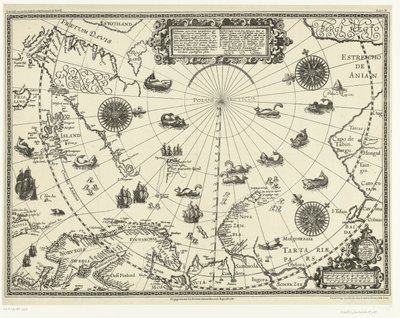 Carte des pays autour du cercle arctique avec les trois voyages des Hollandais en 1598 - Baptista van (after) Doetechum