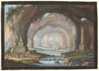 Paysage avec grottes percées, monuments funéraires, une rivière et des figures - Barbara Dietzsch