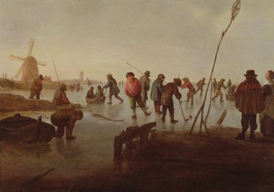 Personnages patinant sur une voie navigable gelée - Barent Avercamp