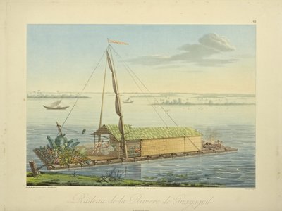Radeau sur la rivière Guayaquil, dessiné par Marchais, gravé par Bouquet, illustration de "Vues des Cordillères et Monuments des Peuples Indigènes de l
