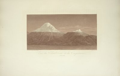 Vue de Chimborazo et Carguairazo, dessinée par Gmelin, gravée par Arnold, illustration de "Vues des Cordillères et Monumens des Peuples Indigènes de l