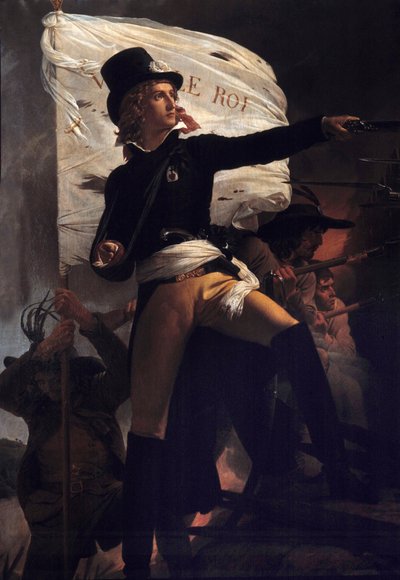 Portrait en pied de Henri Duverger, Comte de La Rochejaquelein (ou Verger de La Rochejacquelein) (1772-1794) général tenant le drapeau « vive le roi » (sur la poitrine l