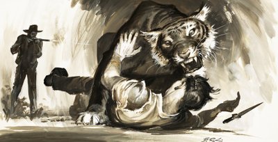Tigre attaquant un chasseur - Barrie Linklater