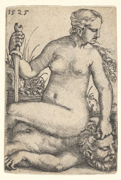 Judith, regardant vers la droite, nue assise sur le corps mort d