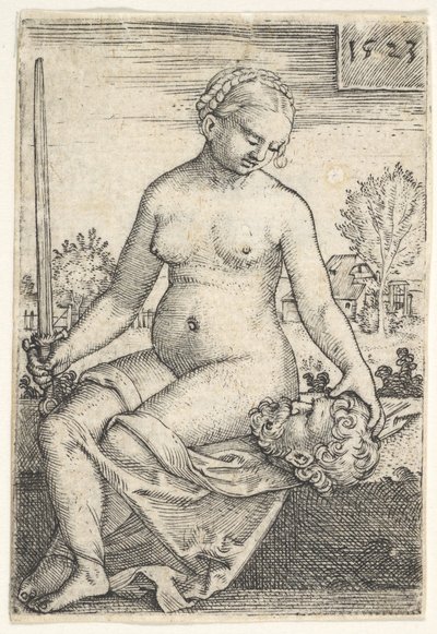 Judith, nue assise avec une épée dans la main droite, regardant la tête d