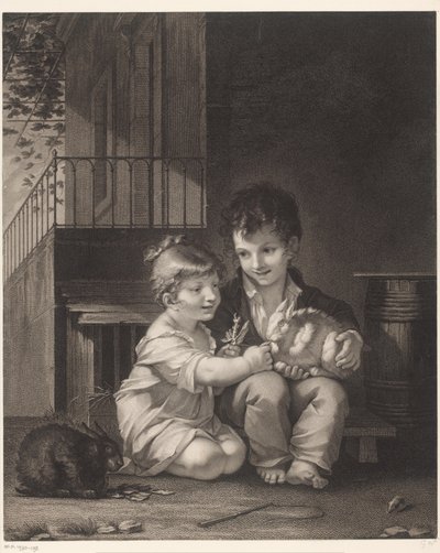 Deux enfants avec des lapins (Mange mon petit, mange) - Barthélémy Joseph Fulcran Roger