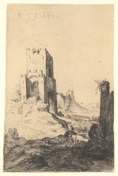 Vue de Ponte Mammolo, un pont en arrière-plan, une tour avec rampe au milieu - Bartholomeus Breenbergh