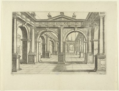 Bâtiment avec double arche au centre de style dorique (Perspective, partie 2) - Bartholomeus Willemsz. Dolendo