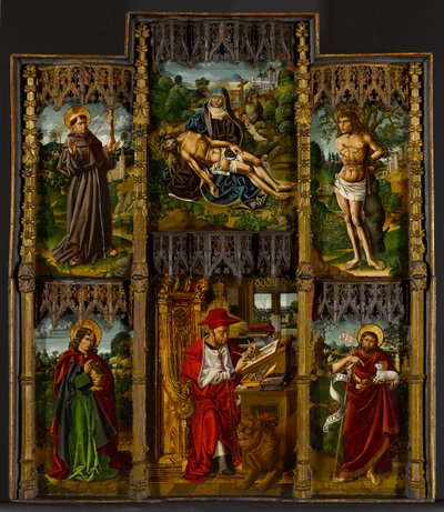 Autel portatif : Pietà, Saints François, Sébastien, Jean l