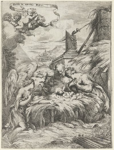 Adoration par Marie, Joseph et les anges - Bartolomeo Biscaino