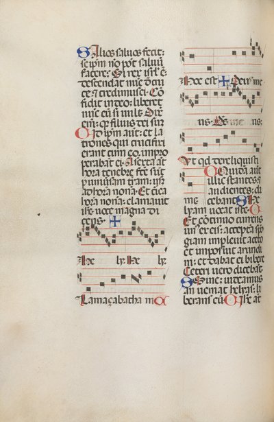 Missale: Fol. 121v: contient de la musique pour Hely Hely Lama etc. dans la Passion de Saint Mattion, 1469 - Bartolomeo Caporali