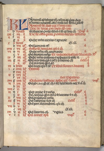 Missale : Fol. 8r : Page du calendrier de novembre, 1469 - Bartolomeo Caporali
