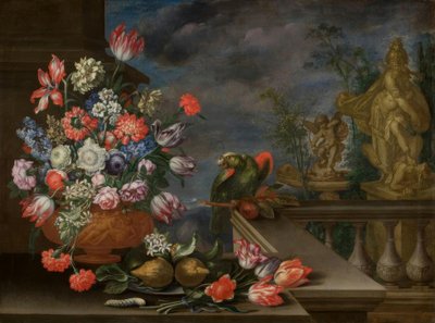 Nature morte avec vase de fleurs, agrumes, perroquet et sculpture de fontaine - Bartolomeo Ligozzi