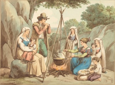 Une famille de paysans cuisinant sur un feu de camp - Bartolomeo Pinelli