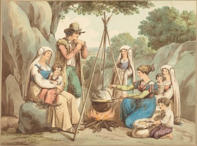 Une famille de paysans préparant un repas autour d