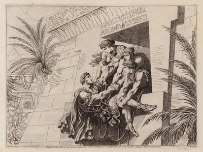 Cléopâtre et ses compagnons soulevant Marc-Antoine mourant dans leur tombeau (gravure) - Bartolomeo Pinelli