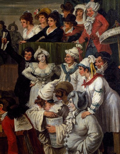 Pulcinella avec un autre personnage de carnaval, détail de La course de chevaux berbères à Rome pendant le carnaval - Bartolomeo Pinelli