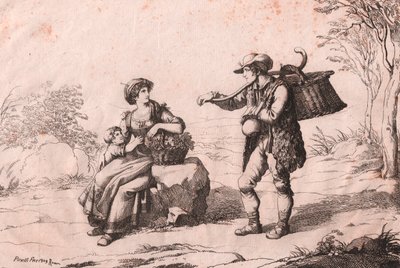 Femme de Pietra Terrazzana en costumes traditionnels, Abruzzes, et gioncataro (vendeur de fromage caciotte), gravure de Bartolomeo Pinelli - Bartolomeo Pinelli
