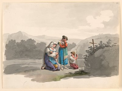 Femme avec un bébé priant devant la croix marquant l