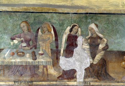Scène allégorique, détail du cycle représentant la Cavalcade des Vices et des Vertus, vers 1490, par Bartolomeo Serra et Sebastiano Serra, fresque, chapelle Saint-Étienne, Giaglione, Piémont, Italie - Bartolomeo and Serra Sebastiano Serra