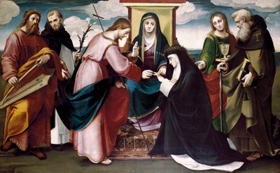 Le mariage mystique de Sainte Catherine de Sienne avec le Christ et les saints Jean-Baptiste, Antoine Abbé, Dominique, le roi David et la Vierge Marie, vers 1517 - Bartolomeo called Bagnacavallo Ramenghi
