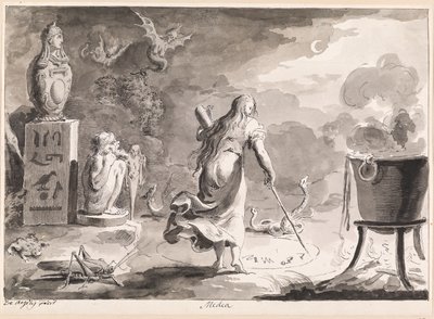 Médée. Une femme de dos, parmi des reptiles, des demi-créatures, un chaudron de sorcière et des statues de dieux égyptiens, écrit des runes de sorcellerie dans un cercle sur le sol la nuit. - Bartolomeo d