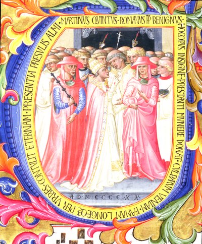 Ms 557 f.61v Initiale historiée U représentant le Pape Martin V (1368-1431) consacrant l