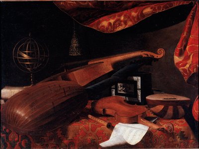 Nature morte avec instruments de musique (Violon, luth et épinette et sphère armillaire) - Bartolommeo Bettera