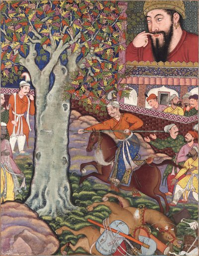 Mahlaj montre son habileté à Zumurrud Shah et fait passer une lance à travers un arbre (Tiré du Hamzanama) - Basawan