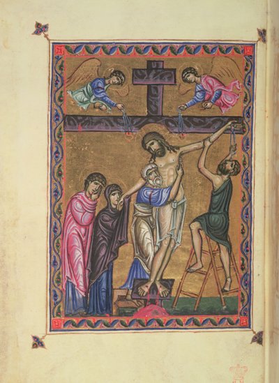 La Descente de Croix, fol. 8b du MS Egerton 1139, le Psautier de la reine Mélisende, Jérusalem - Basilius Basilius