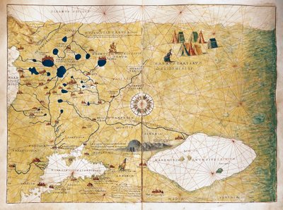 Moschoviae Tabula, carte de la Russie et des villes européennes le long de la rivière Volga - Battista Agnese