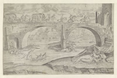 Vénus et Amour dans une vue urbaine avec un pont - Battista Angolo del Moro