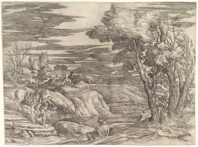 Paysage avec un cavalier et son palefrenier - Battista Franco Veneziano