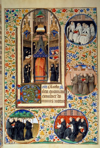 Scène de vie monastique. Dans les médaillons, de haut en bas, les Carmes, Franciscains, Dominicains, Augustins (gauche). Miniature du "Livre d