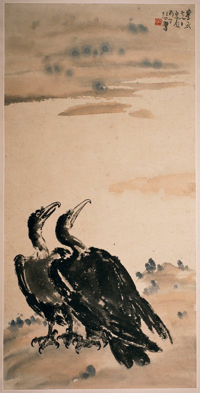 Deux Cormorans (rouleau suspendu et couleur sur papier) - Beihong Xu