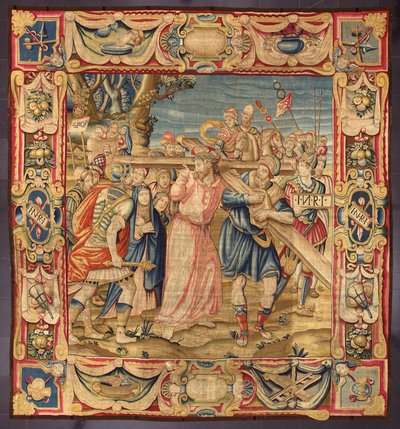 Christ et Simon de Cyrène (le Cyrénéen). (Cinquième station du Chemin de Croix (portant la croix). Une pièce de la croix porte l