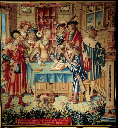 Rideau illustrant les arts libéraux : Arithmétique. Tapisserie en laine et soie réalisée vers 1520 à Tournai. 3,1x2,9 m Paris, musée national du Moyen Âge, Thermes de Cluny - Belgian School