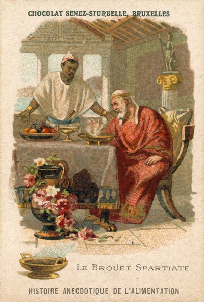 Le bouillon spartiate, carte de commerce produite par Chocolat Senez-Sturbelle - Belgian School