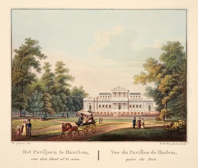 Het Paviljoen te Jaarlem, van den Hout af te zien. Vue du Pavillon de Harlem, prise du Bois, 1825 (gravure coloriée à la main) - Bendrik Greeven