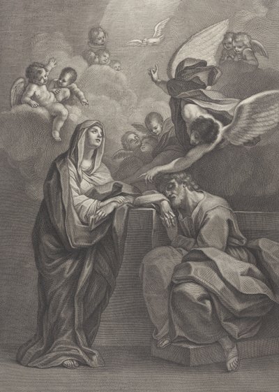 Planche 6 : Le rêve de Saint Joseph, avec la Vierge Marie à gauche et un ange au-dessus qui pointe..., 1777 - Benedetto Eredi