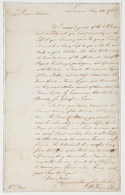 Lettre autographe à Mme Ann Penn, Londres, 20 novembre 1766 - Benjamin Franklin
