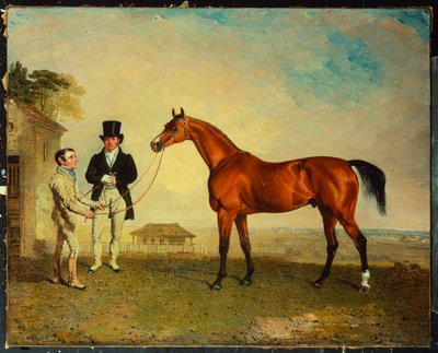 "Skiff", un cheval de course bai tenu par un palefrenier à Newmarket Heath, avec John Howe, le propriétaire des écuries, à ses côtés - Benjamin Marshall