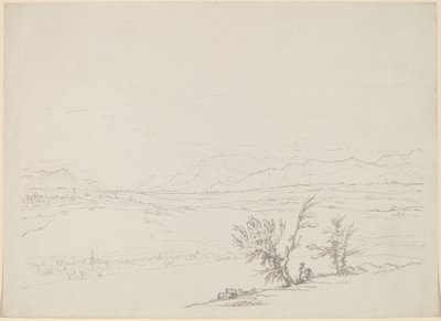 Paysage alpin avec un couple assis près des arbres surplombant une vallée - Benjamin West